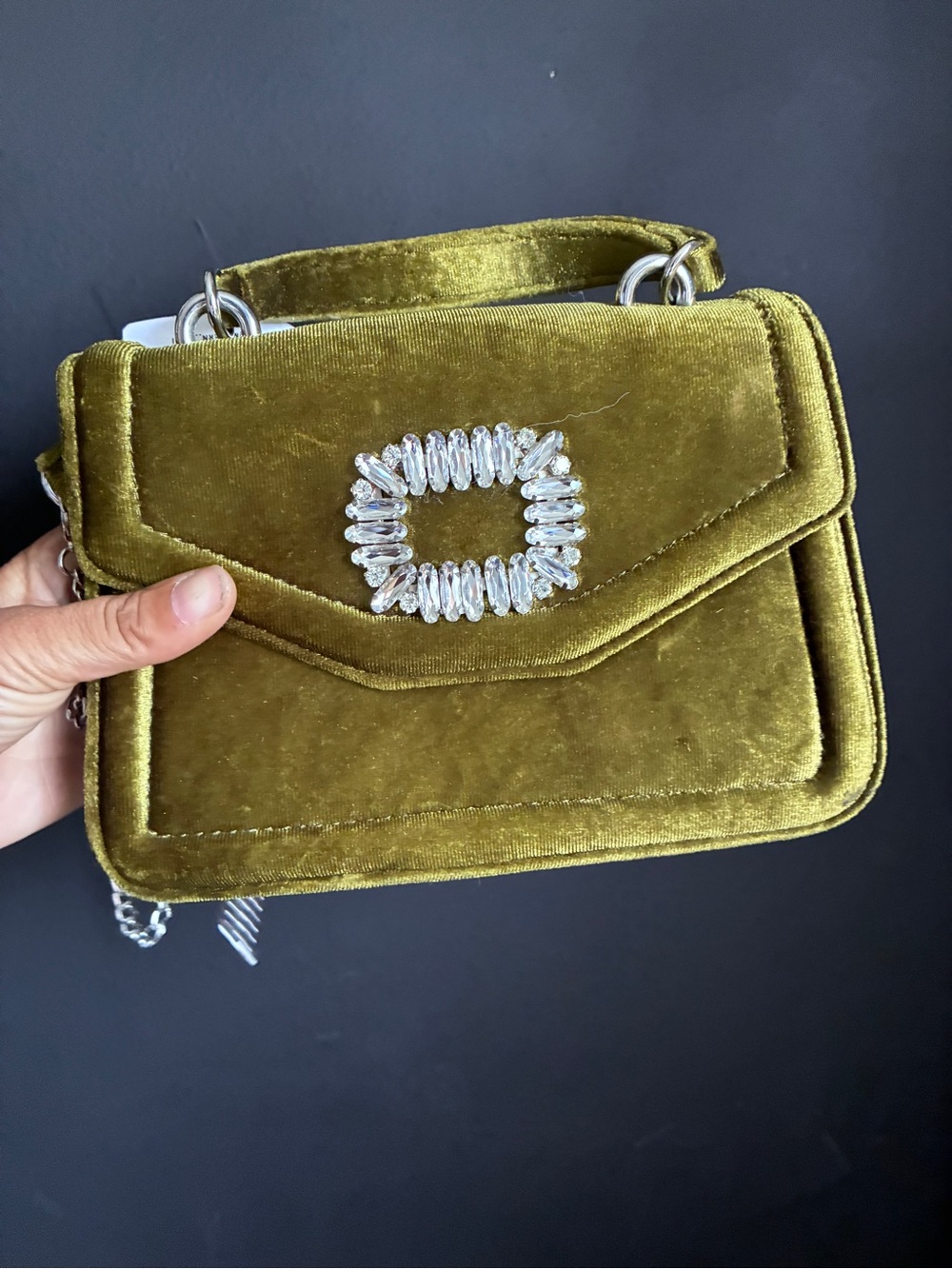 AKIRA Olive Green Velvet Shoulder Bag with Crystal Buckle